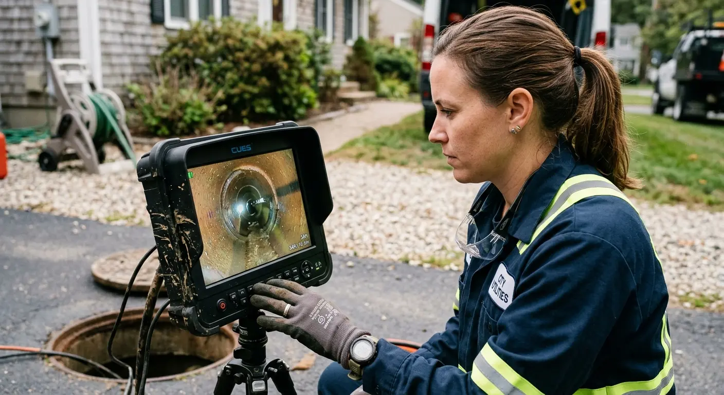 Technician reviewing sewer camera inspection footage in Bridgeton