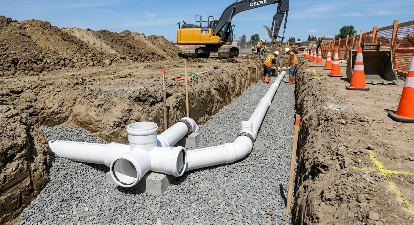 New PVC sewer pipe installation in open trench for Commercial Drain Cleaning in Bridgeton